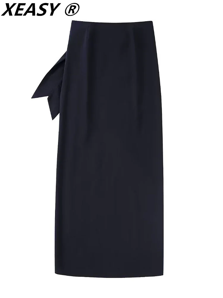 XEASY Black Skirts Woman Fashion 2022 High-Waisted Skirt Midi Vintage Woman Clothes Slit Skirt Bow